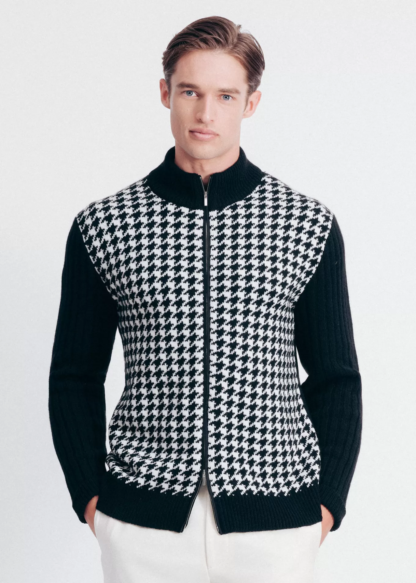 Cheap Cashmere Houndstooth Full Zip Sweater Sweaters