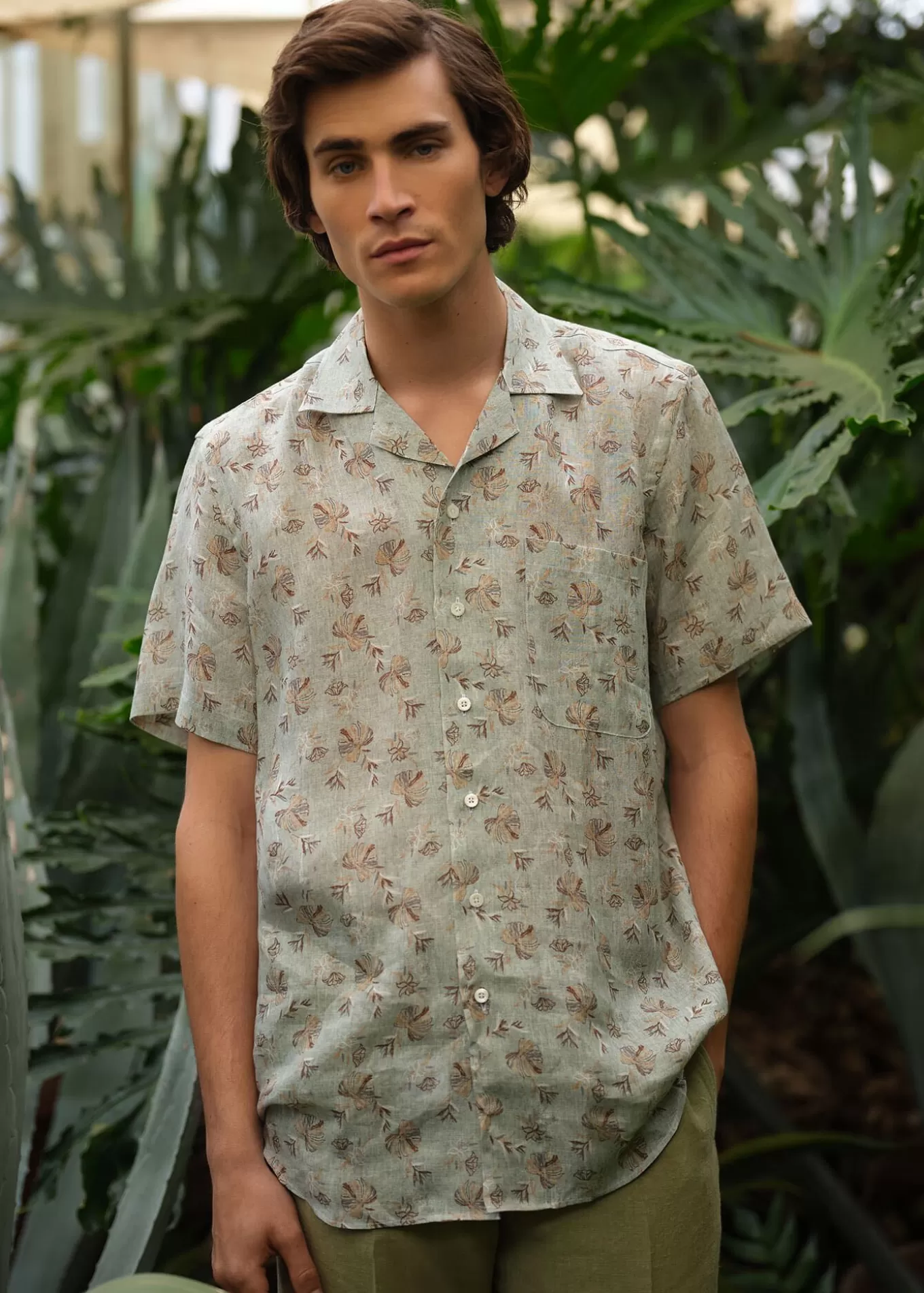 Hot Linen Leaf Print Camp Shirt Sport Shirts