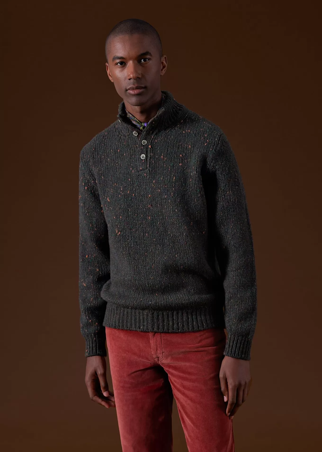 Outlet Wool & Cashmere Donegal Button Mock Neck Sweaters